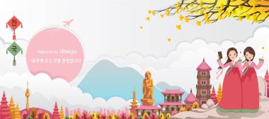 Daegu, Kore 'nin seyahat simgeleridir. Panoramik manzaralı sonbahar manzaralı binalar, mekanlar. Hanbok giymiş gezgin kızlar. Kore seyahat posteri ve kartpostal. Çeviri: Daegu 'ya Hoşgeldiniz.