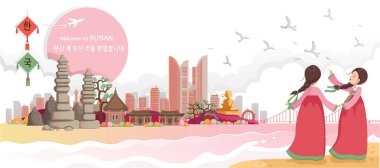 Busan, Kore 'nin seyahat simgeleridir. Panoramik manzaralı sonbahar manzaralı binalar, mekanlar. Hanbok giymiş gezgin kızlar. Kore seyahat posteri ve kartpostal. Çeviri Busan 'a Hoşgeldiniz.