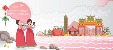 Incheon, Kore 'nin seyahat simgeleridir. Panoramik manzaralı sonbahar manzaralı binalar, mekanlar. Hanbok giymiş gezgin kızlar. Kore seyahat posteri ve kartpostal. Çeviri Incheon 'a hoşgeldiniz.