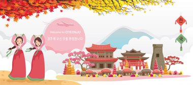 Gyeongju, Kore 'nin seyahat simgesidir. Panoramik manzaralı sonbahar manzaralı binalar, mekanlar. Hanbok giymiş gezgin kızlar. Kore seyahat posteri ve kartpostal. Çeviri Gyeongju 'ya hoş geldiniz.