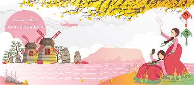 Jeju, Kore 'nin seyahat simgesidir. Panoramik manzaralı sonbahar manzaralı binalar, mekanlar. Hanbok giymiş gezgin kızlar. Kore seyahat posteri ve kartpostal. Çeviri Jeju 'ya hoş geldiniz..