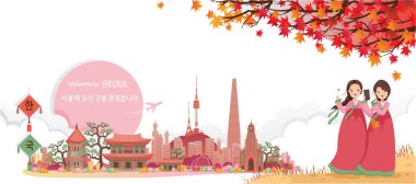 Seul, Kore 'nin seyahat simgeleridir. Panoramik manzaralı sonbahar manzaralı binalar, mekanlar. Hanbok giymiş gezgin kızlar. Kore seyahat posteri ve kartpostal. Çeviri Seul 'e Hoşgeldiniz. 