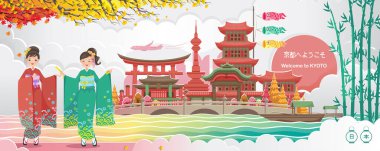 Kyoto dönüm noktası. Japonya manzarası. Binanın panoraması. Sonbahar manzarası mutlu sonbahar. Japon turizmi için posterler ve kartpostallar. Çevirisi: Kyoto 'ya hoş geldiniz. Kağıt kesiği stili.
