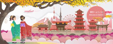 Tokyo simgesi. Japonya manzarası. Binanın panoraması. Sonbahar manzarası mutlu sonbahar. Japon turizmi için posterler ve kartpostallar. Tokyo 'ya hoş geldiniz. Kağıt kesiği stili.