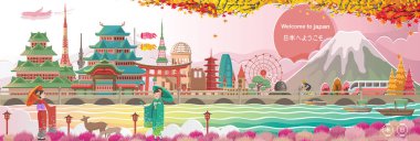 Japonya 'nın simgesi ve manzarası. Mimari ya da bina. Japon kız Kimono ulusal giyiniyor. Sonbaharda dönüm noktası. Turizm için posterler ve kartpostallar. Japonca 'ya hoş geldiniz. Vektör.