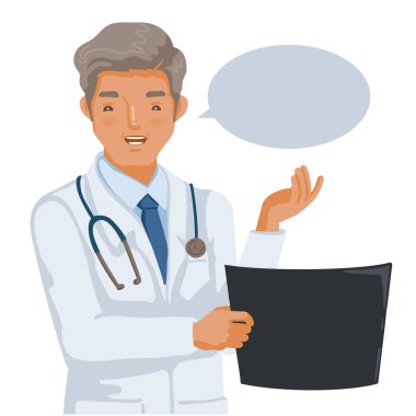 Doktor röntgen filmi tutuyor. Bir şeyi açıklamaya çalışıyorum. Profesyonel iş ve tıbbi personel kavramı. Beyaz arkaplanda izole edilmiş vektör illüstrasyonu.