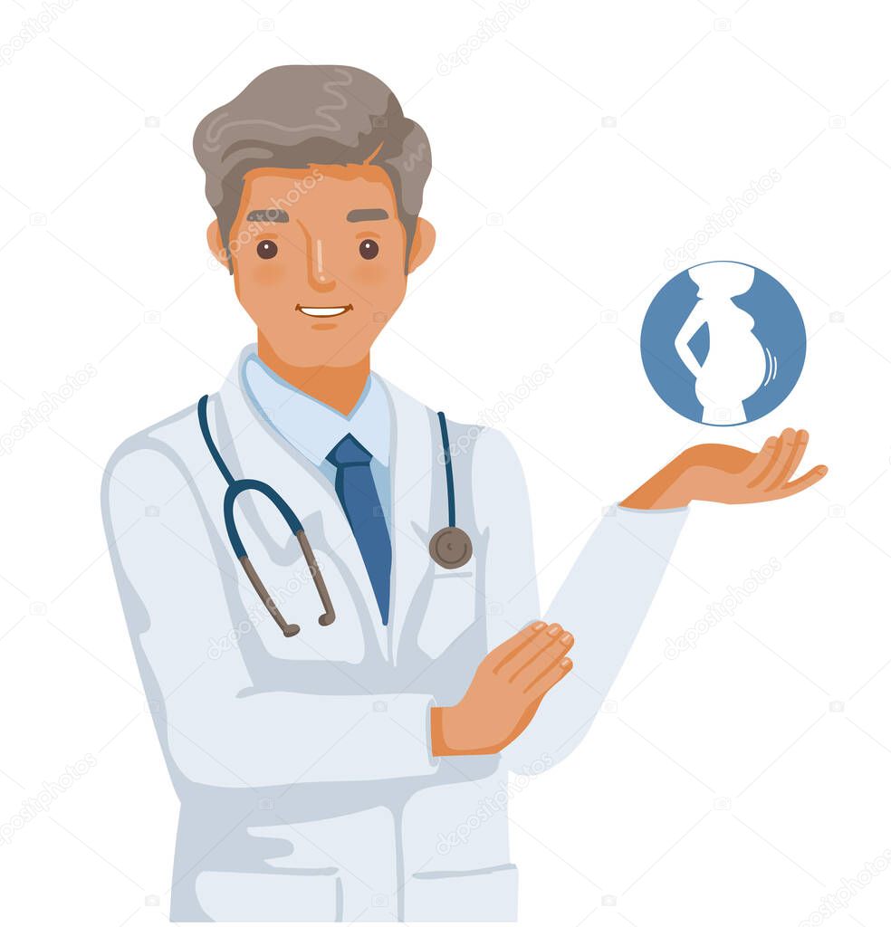 Obstetrician standing and holding the shadow pregnant women icon in a blue circle. Professional work and the concept of medical personnel. Vector illustration isolated on a white background.
