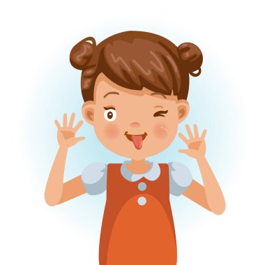 Arsız küçük kız gülümsüyor, parmaklarını kulaklarına sokuyor ve komik bir yüz ifadesi takınıyor. Çizgi film karakteri çizimi beyaz arkaplanda izole edildi.