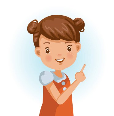 Küçük kız bir şeyi işaret ediyor. Olumlu duygular, gülümseme. Çizgi film karakteri çizimi beyaz arkaplanda izole edildi.