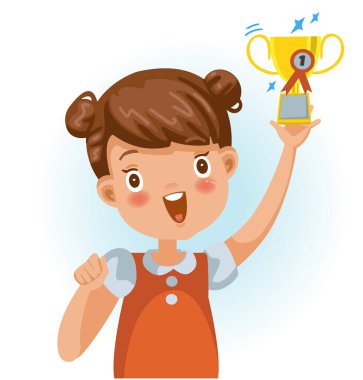 Küçük kız kazandı. Pozitif duygular, büyük bir ödülü çok mutlu tutmak. Çizgi film karakteri çizimi beyaz arkaplanda izole edildi.