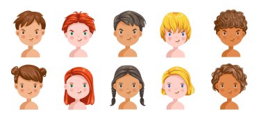 Oğlanlar ve kızlar duygular kurar, duygular çocuk gibi olur, çocuğun yüzü gibi. Farklı milletler farklıdır. Çocuk çeşitliliği. Kadın ve erkek başları. Öğrencilerin vektörü. Çizgi film illüstrasyonu.