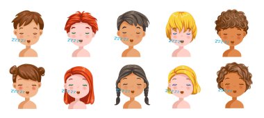 Erkekler ve kızlar duygular kurar, hisler uykulu olur, çocuğun yüzü olur. Farklı milletler farklıdır. Çocuk çeşitliliği. Kadın ve erkek başları. Öğrencilerin vektörü. Çizgi film çizimi izole edildi