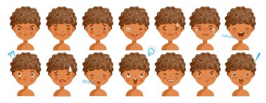 Kıvırcık saçlar koyu tenli çocuk yüz ifadeleri. Farklı ifadeli çocuk yüzü. Duygu çeşitliliği çocuklar. Erkek başları değişik ruh halleri ve farklılıklar gösterir. Öğrenci portresi avatarları.