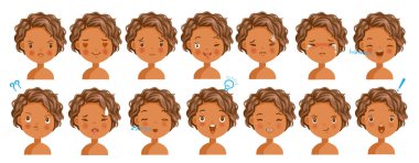 Kıvırcık saçlar koyu tenli kız yüz ifadeleri. Farklı ifadeli çocuk yüzü. Duygu çeşitliliği çocuklar. Kadın başları değişik ruh halleri ve farklılıklar gösterir. Öğrenci portresi avatarları.