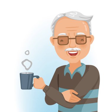 Yaşlı adam içiyor. O bir bardak sıcak içecek tutuyor. Gülümseyen son sınıf. Duygusal açıdan rahatlatıcı yakışıklı büyükbabanın portresi. Emeklilikten sonra iş. Vektör çizimi izole edilmiş beyaz.