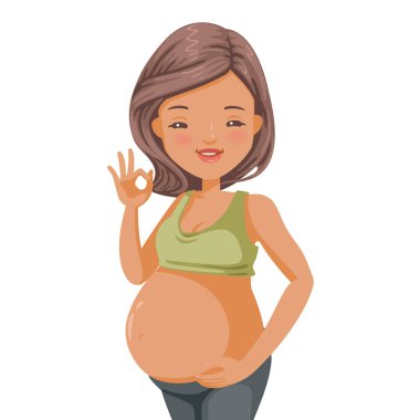 Neşeli hamile kadın ayakta duruyor. Bakıyorum ve iyi bir hareket gösteriyorum. Gülümseyen ve mutlu, sağlıklı anne ve fetüs kavramı. Beyaz arkaplanda izole edilmiş vektör illüstrasyonu.