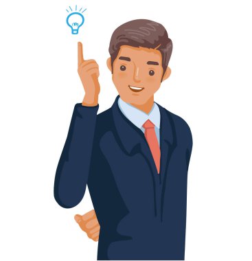 İş adamı bir şeyler düşünüyor. Başarılı çekici erkek karakteri bir fikir üretti. Yöneticinin zekası. Başarılı iş adamı konsepti çizimi.