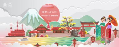 Hakone dönüm noktası. Japonya manzarası. Binanın panoraması. Sonbahar manzarası mutlu sonbahar. Japon turizmi için posterler ve kartpostallar. Çevirisi: hakone hoş geldiniz. Kağıt kesiği veya etiket biçimi.