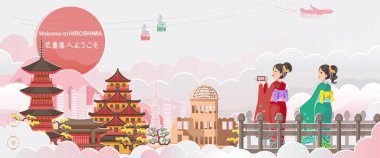 Hiroşima dönüm noktası. Japonya manzarası. Binanın panoraması. Sonbahar manzarası mutlu sonbahar. Japon turizmi için posterler ve kartpostallar. Hiroşima 'ya hoş geldiniz. Kağıt kesiği veya etiket biçimi.
