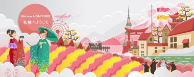 Sapporo dönüm noktası. Japonya manzarası. Binanın panoraması. Sonbahar manzarası mutlu sonbahar. Japon turizmi için posterler ve kartpostallar. Sapporo 'ya hoş geldiniz. Kağıt kesiği veya etiket biçimi.