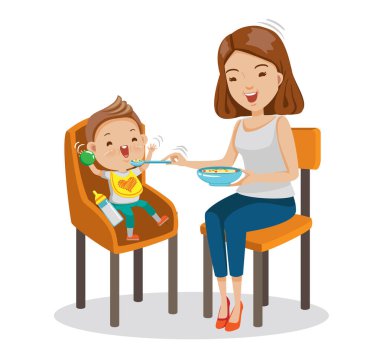 Mather küçük oğlunu besliyor. Bebek sandalyede oturuyor. Yazdırma, web, etkileşimli, beyaz arkaplan üzerinde izole edilmiş, resimleme çizgi filmi olarak kullanılacak standart vektör grafikleri yaratıcı ve çok yönlü