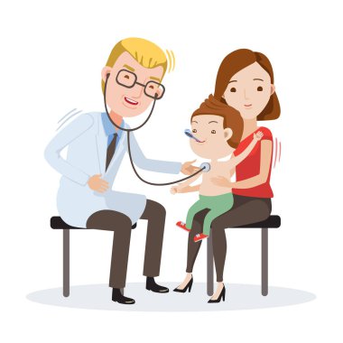 Doktor inceleme annesinin kucağında oturan statoscope ölçü vücut temperature.kid nefes için dinler. Vektör çizim Isolated beyaz arka plan üzerinde.