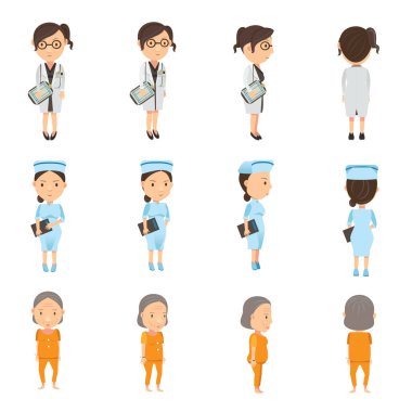 tıbbi personel (kadın) ve hasta karakter seti, vektör illüstrasyonu