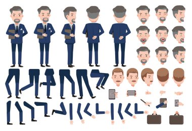 Otel müdürü oluşturma seti. Animasyon karakteri. Farklı tiplerde yüzleri, saç stili, duyguları, önü, arkası, erkek bakış açısı olan ikonlar. Hareket eden kollar, bacaklar. Beyaz arka planda izole edilmiş vektör.