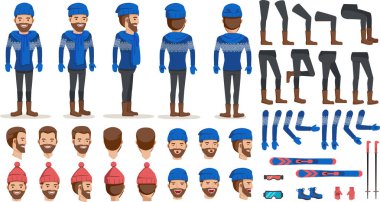 Süveterli Adam yaratma seti. Animasyon karakteri. Farklı yüzlere ve saç stiline sahip ikonlar, duygular, ön, arka, erkek şahsın yan görünüşü. Hareket eden kollar, bacaklar. Kış moda konsepti