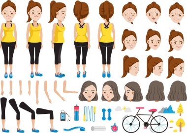 Fitness kadın karakter oluşturma seti. Farklı tipte yüzlere ve saç stiline sahip ikonlar, duygular, ön, arka, kadın bakış açısı. Hareket eden kollar, bacaklar. Beyaz arkaplanda izole edilmiş vektör illüstrasyonu