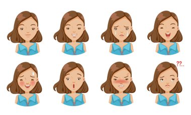 Bir dizi kadının duyguları. Yüz ifadesi. Beyaz arkaplanda izole edilmiş vektör illüstrasyonu