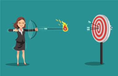 Yay ve oklarla nişan alan iş kadınları. Ok hedefi vurdu. Başarılı iş konsepti. Mavi arkaplanda izole