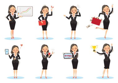 Çalışan iş kadını ikon pozları veriyor. Beyaz arka planda izole edilmiş bir kadın. Vektör illüstrasyonu