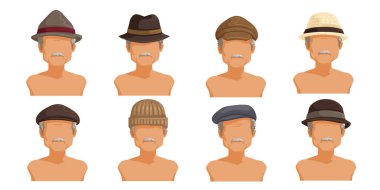 Elderly male hats set. Collection of men's heads. Userpics of hair style different male. Variety and different types of fashion. Vector illustration. 
