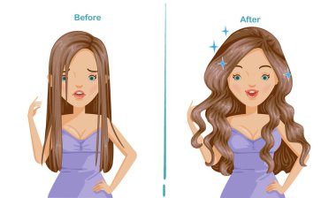 Kıvırcık saçlı kadın. Curling 'den önce ve sonra. Farklılık apaçık ortada. Karşılaştırmalı, olumlu ve olumsuz duygular. Mutsuzluk, tatmin. Gülümse ve kaşlarını çat. Tasarım ve ürün için çizimler