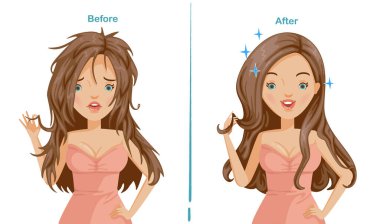 Hasarlı kadın saçı. Saç bakımından önce ve sonra. Farklılık apaçık ortada. Karşılaştırmalı, olumlu ve olumsuz duygular. Saçları sivri ve güzel uzun saçları var. Tasarım ve ürün için çizimler.