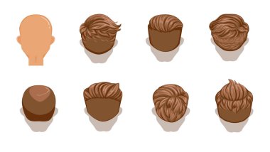 Bir grup erkek çizgi film saç stili. Kahverengi saçlı. Dikiz aynası. Modaya uygun tiplerin koleksiyonu. Ayrıntılı ve benzersiz. Vektör illüstrasyonu beyaz arkaplanda izole edildi.