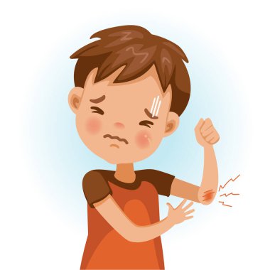 Çocuk dirseğinden yaralandı. Yarada acı hisset. Çizgi film karakteri çizimi beyaz arkaplanda izole edildi.