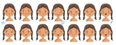 Siyah saçlar yüz ifadeleri ayarlı. Farklı ifadeli çocuk yüzü. Duygu çeşitliliği çocuklar. Erkek kafaları değişik ruh halleri ve farklılıklar gösterir. Öğrenci portresi avatarları. İzole vektör.