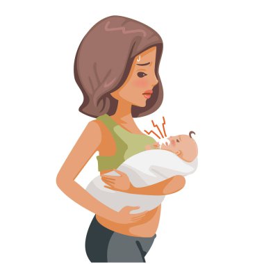 Ellerinde ağlayan yeni doğmuş bir bebek, ilk kez bir anne ve çocuk bakımı sıkıntısı. Beyaz arkaplanda izole edilmiş vektör illüstrasyonu.