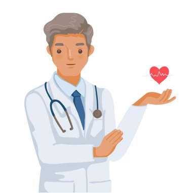 Kalp doktoru ayakta duruyor ve kalp ikonunu kırmızı olarak tutuyor. Profesyonel iş ve tıbbi personel kavramı. Vektör illüstrasyonu beyaz üzerine izole edildi 