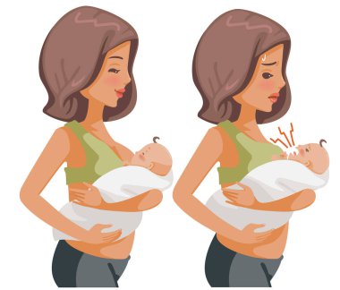 Annenin ruh hali, annenin bebeğinin farklı görüntülerini gösteriyor. Ellerinde ağlayan yeni doğmuş bir bebek, ilk kez anne ve çocuk bakımı zorluğu ve süt içen bir bebeği emzirmek. Çocuk bakımı için tebrikler..