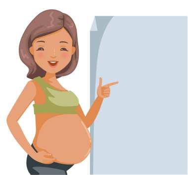 Hamilelik kağıtlara işaret ediyor. Gülümseyen olumlu medya. Beyaz arkaplanda izole edilmiş vektör illüstrasyonu.