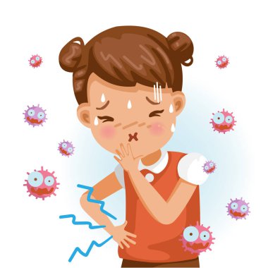 Kızlar kusmak için mide bulantısıdır. Karın ağrısı, ellerini karnında tutması. Şiddetli karın ağrısı, ishal, tehlikeli işaretler olan çocuklar. Virüs mide ağrısına, karikatür çizimi izole edilmiş vektör çizimine neden olur..