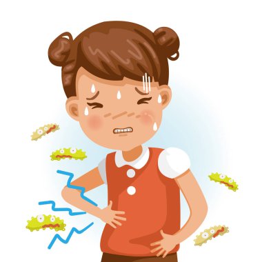 Karnı ağrıyan kırmızı elbiseli küçük bir kız, elini karnına koyuyor. Şiddetli karın ağrısı olan çocuklar, tehlikeli işaretler. Çizgi film vektör çizimi beyaz üzerine izole edildi.