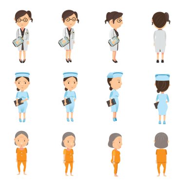 tıbbi personel (kadın) ve hasta karakter seti, vektör illüstrasyonu