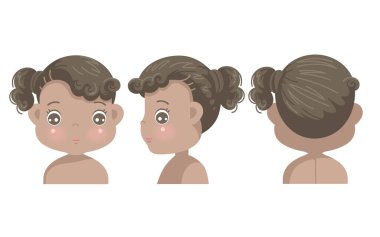 siyah saçlı küçük kız. Öne, yana ve arkaya. Anaokulu karakteri başkanı. 