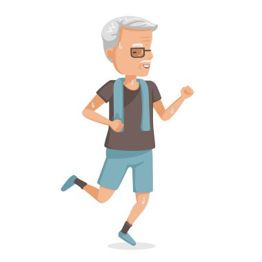 Yaşlı bir adam koşuyor. Beyaz arka planda izole edilmiş spor kıyafetleri içinde neşeli son sınıf koşusu. 