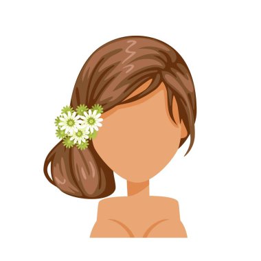 Çiçek saçı. Çiçek tüyü aksesuarları. Gelin saç stili, prenses aksesuarları. Güzel saç stili. Çeşit çeşit modern moda. Uzun, kısa, kıvırcık saç kesimi. vektör simgesi beyaz arkaplanda izole edildi.