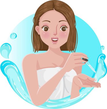 Eline su damlatan bir kadın. Kolajen nemlendirici pipetini kozmetik ile düşüren kız.